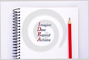 Acronym IDEA - Imagine, Dare, Expand, Achieve. Concept