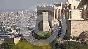 Acropolis of Athens, Greece. Many tourists in the Parthenon Temple, most Crowded place