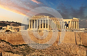 Acropolis of Athens, Greece, with the Parthenon Temple during sunset