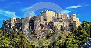 The Acropolis of Athens seen from the Pnyx, the historic hill in the center of the city