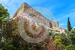 Acropolis of Athens in summer, Greece. Famous Acropolis hill is top landmark of old Athens. Landscape with medieval castle