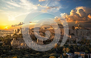 Acropolis of Athens at sunset with a beautiful dramatic sky photo