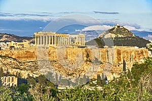 Acropolis Hill with Parthenon and Mount Lycabettus in Athens, Greece