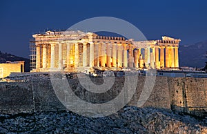 Acropolis hill - Parthenon temple in Athens at night, Greece