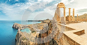 Acropolis of Lindos. Ancient architecture of Greece. Travel destinations of Rhodes island
