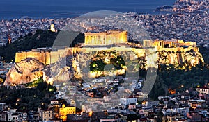 Acropolis at night in Athens from hill Lycabettus, Greece