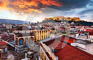 Acropolis with Parthenon temple against sunset in Athens, Greece