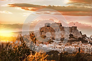 Acropolis with Parthenon temple against sunset in Athens, Greece