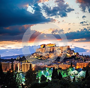 Acropolis with Parthenon temple against sunset in Athens, Greece