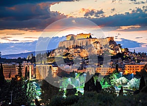 Acropolis with Parthenon temple against sunset in Athens, Greece