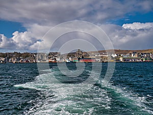 Across Bressay Sound, a view of Lerwick, the main town and port of the Shetland Islands, Scotland, UK