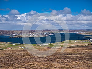 Across Bressay Sound, a view of Lerwick, the main town and port of the Shetland Islands, Scotland, UK
