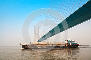 Across the bridge of a cargo ship