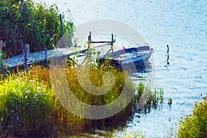 Acryl  paintings of fishing boats and pier in the Havel River. Havelland