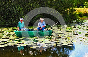 Acryl paintings of two people fisihing in boat in the Havel River. Havelland