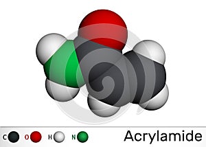 Acrylamide, ACR, acrylic amide molecule. It is as a precursor to polyacrylamides. Molecular model photo