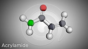 Acrylamide, ACR, acrylic amide molecule. It is as a precursor to polyacrylamides. Molecular model photo