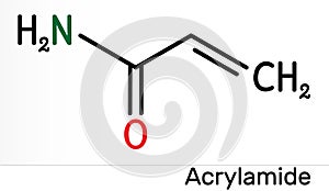 Acrylamide, ACR, acrylic amide molecule. It is as a precursor to polyacrylamides. Skeletal chemical formula photo