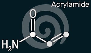 Acrylamide, ACR, acrylic amide molecule. It is as a precursor to polyacrylamides. Skeletal chemical formula on the dark blue photo