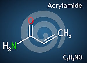 Acrylamide, ACR, acrylic amide molecule. It is as a precursor to polyacrylamides. Structural chemical formula on the dark blue photo