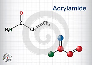 Acrylamide, ACR, acrylic amide molecule. It is as a precursor to polyacrylamides. Structural chemical formula and molecule model. photo