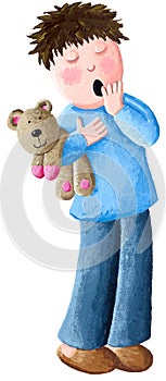 Sleepy little boy with wide open mouth yawning eyes closed holding teddy bear, looking bored isolated on white background