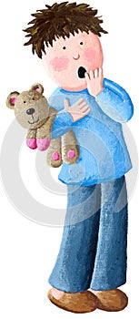 Acrylc illustration of the sleepy little boy with wide open mouth yawning eyes open holding teddy bear, looking bored isolated on