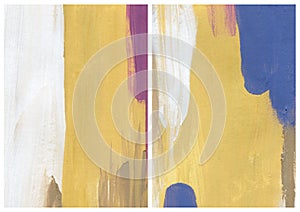 Acrylic abstract background of yellow, blue and beige textures. Hand painted pastel illustration isolated on white