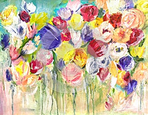 Acrylic abstract painting of flowers in a garden
