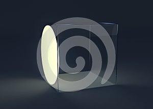 Acrylic box abstract with lamp. Shadow and reflection. 3D illustration