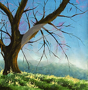 Acrylic claude monet painting Big tree on sunny meadow in mountains beautiful landscape