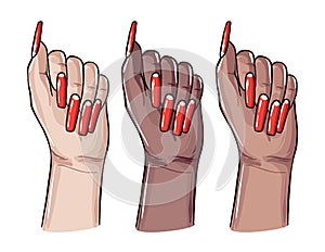 Acrylic Coffin nails,  fake false gel manicure art. Nail care art, beauty and spa center procedure. Vector racial divercity women