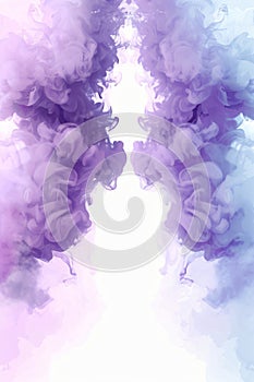 Acrylic color pigment and ink cloud in water. Abstract smoke on white background. Purple, blue and pink colors