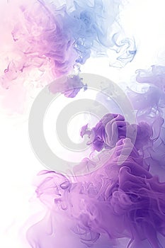 Acrylic color pigment and ink cloud in water. Abstract smoke on white background. Purple, blue and pink colors