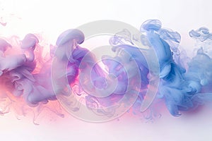 Acrylic color pigment and ink cloud in water. Abstract smoke on white background. Purple, blue and pink colors