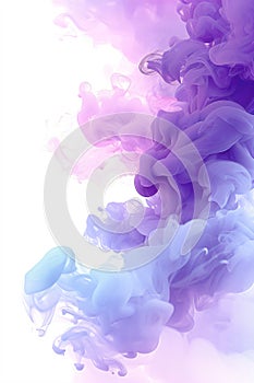 Acrylic color pigment and ink cloud in water. Abstract smoke on white background. Purple, blue and pink colors