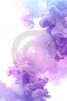 Acrylic color pigment and ink cloud in water. Abstract smoke on white background. Purple, blue and pink colors