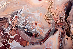 Acrylic Fluid Art. Brown bubbles, beige waves and gold inclusion. Abstract stone background or texture