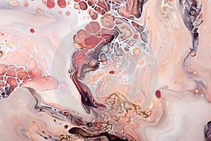 Acrylic Fluid Art. Brown bubbles, peach waves and gold inclusion. Abstract stone background or texture