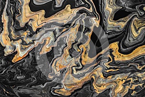 Acrylic Fluid Art. Creative marble background or texture with gold and black waves