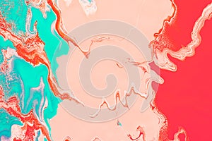 Acrylic Fluid Art. Glowing pastel pink red waves and turquoise curls. Abstract pastel background or texture