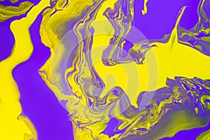 Acrylic Fluid Art. Glowing purple waves and yellow spots. Abstract marble background or texture
