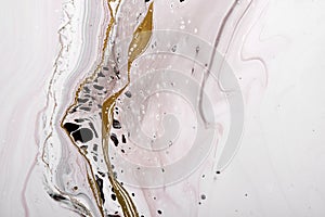 Acrylic Fluid Art. Gray and beige waves with liquid golden curve. Abstract marble stone background or texture, fake