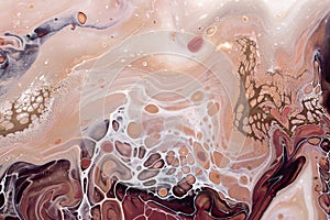Acrylic Fluid Art. Waves and bubbles in natural colors with golden inclusions. Abstract marble background or texture