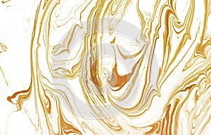 Acrylic Fluid Art. White, red and pink liquid mix and golden splashes. Abstract marble background or texture.