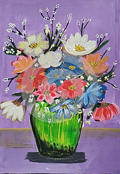 Acrylic hand painting of colorful flowers with vase