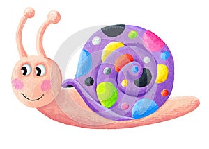 Acrylic illustration of funny colorful snail