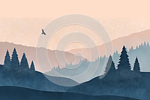 Acrylic illustration of mountains with a soaring eagle