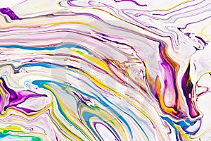 Acrylic liquid flow colorful wallpaper. Ðœiolet, yellow, blue paint swirls, waves