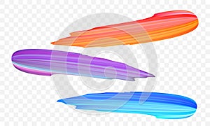 Acrylic paint brush stroke. Vector bright orange, velvet or purple and blue gradient 3d paint brush on transparent background